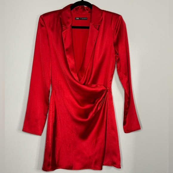Zara Dresses & Skirts - ZARA Satin Mini Dress Blazer | Red | XS | Worn Once